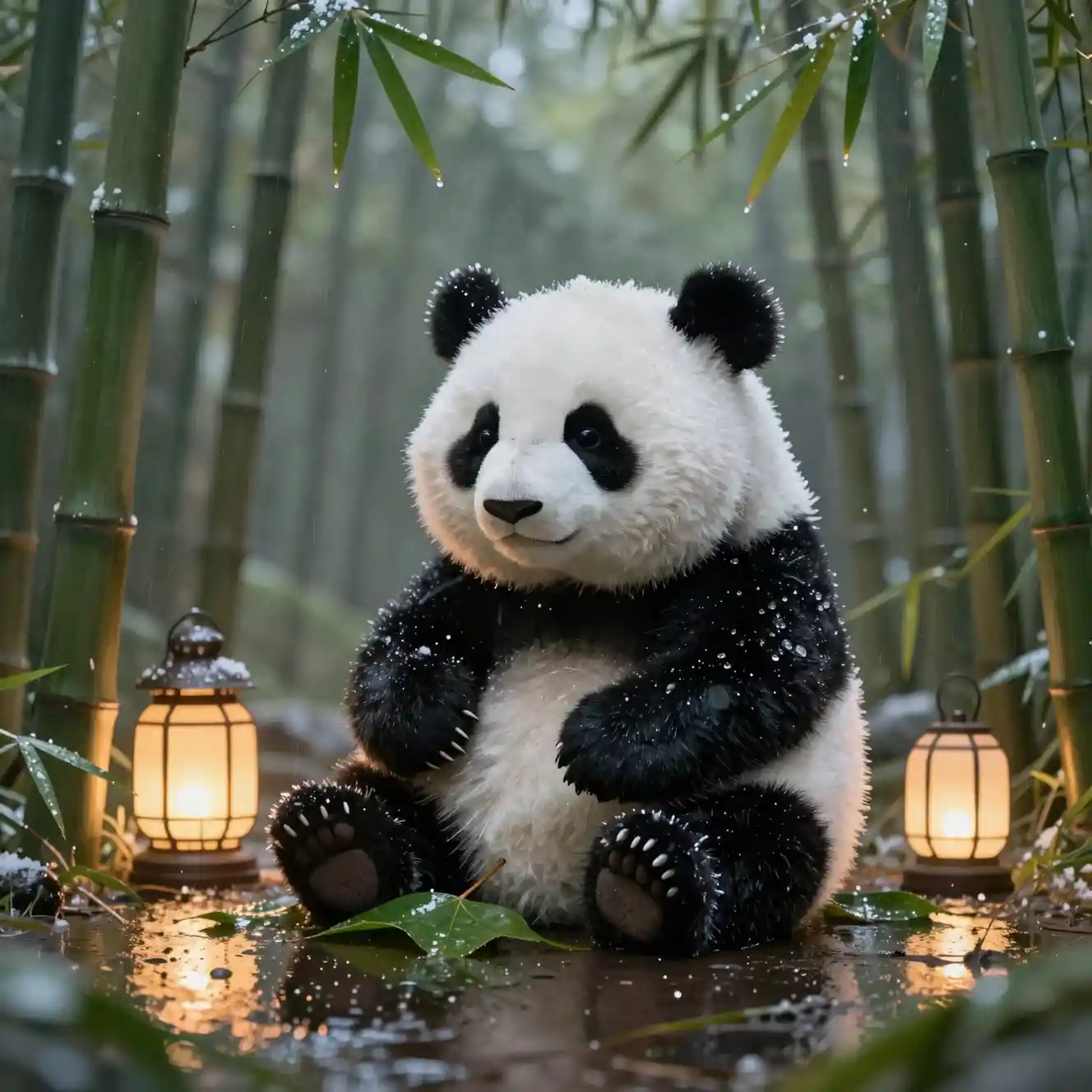 Morbido panda di peluche su una foglia in una foresta di bambù innevata