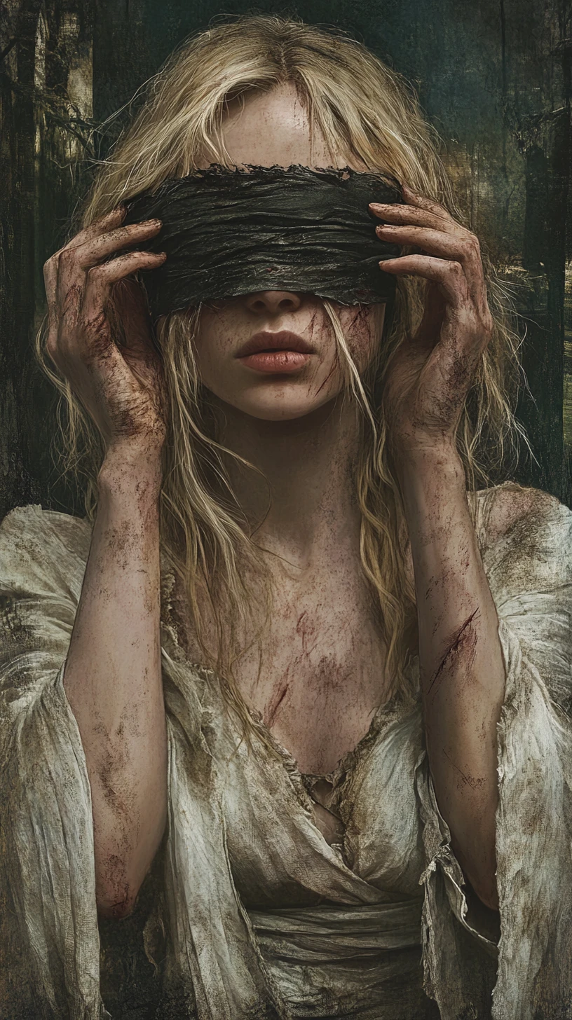 Blindfolded woman in torn white dress in dark forest