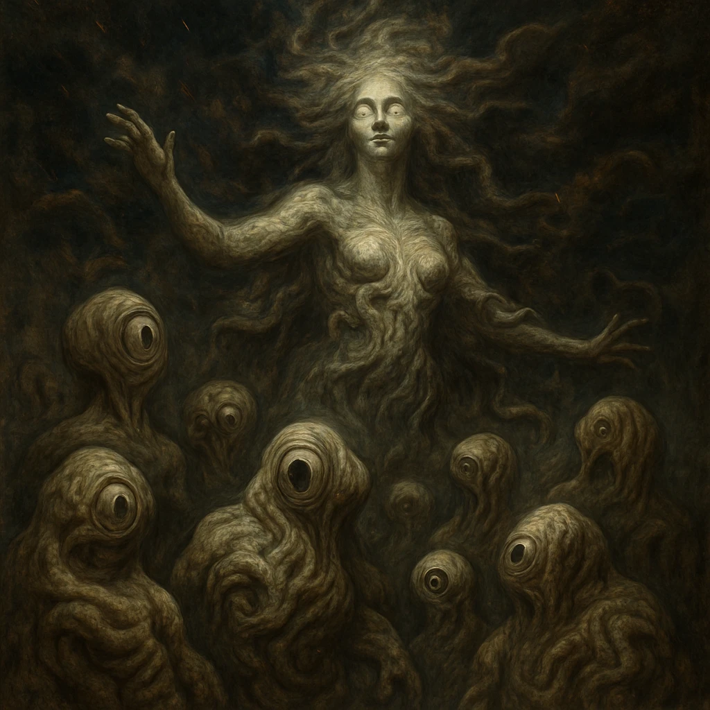 Primordial goddess summoning twisted cyclopean cosmic creatures