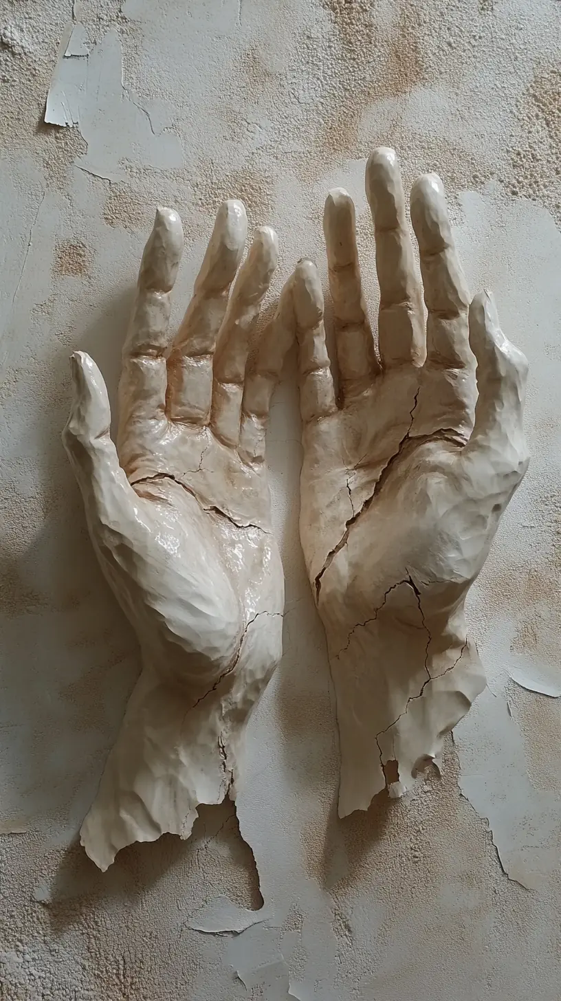 Two sculpted hands in relief reaching toward each other