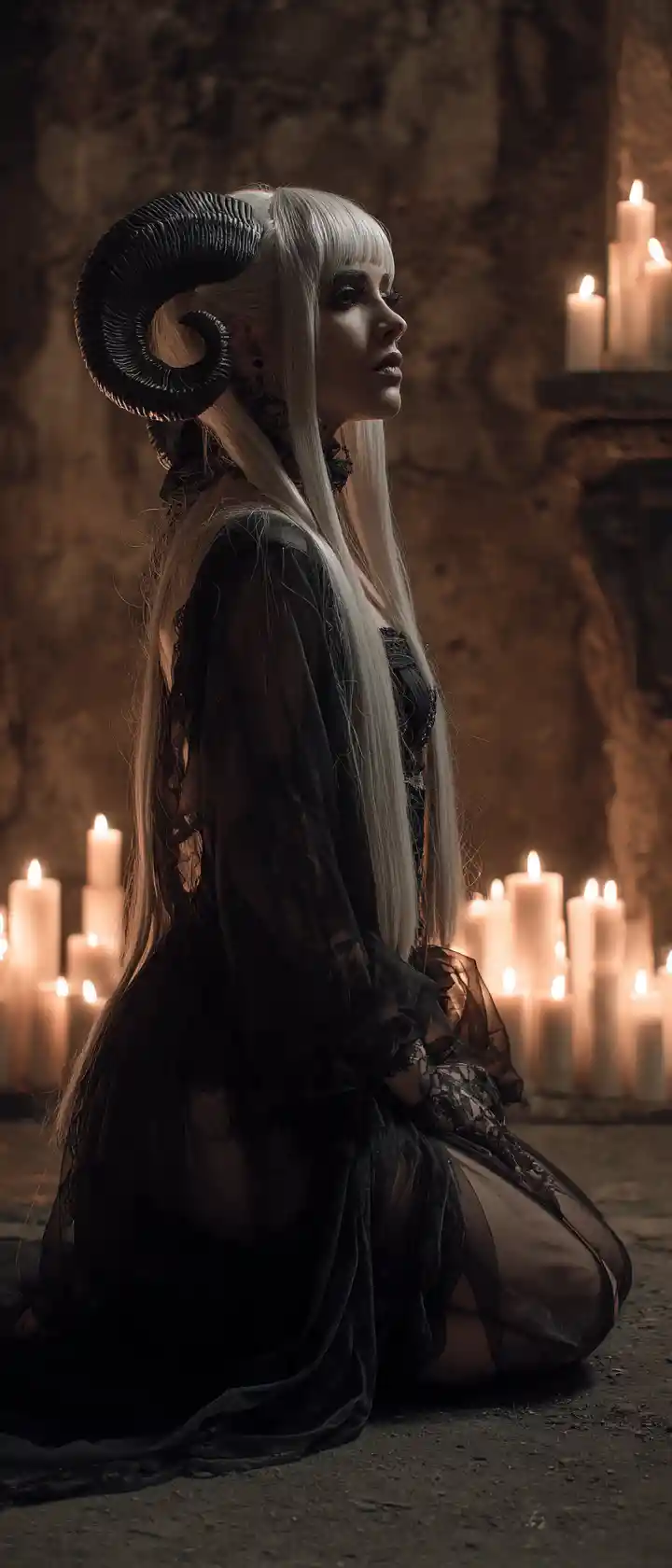 Horned gothic woman kneeling by candlelight in dungeon