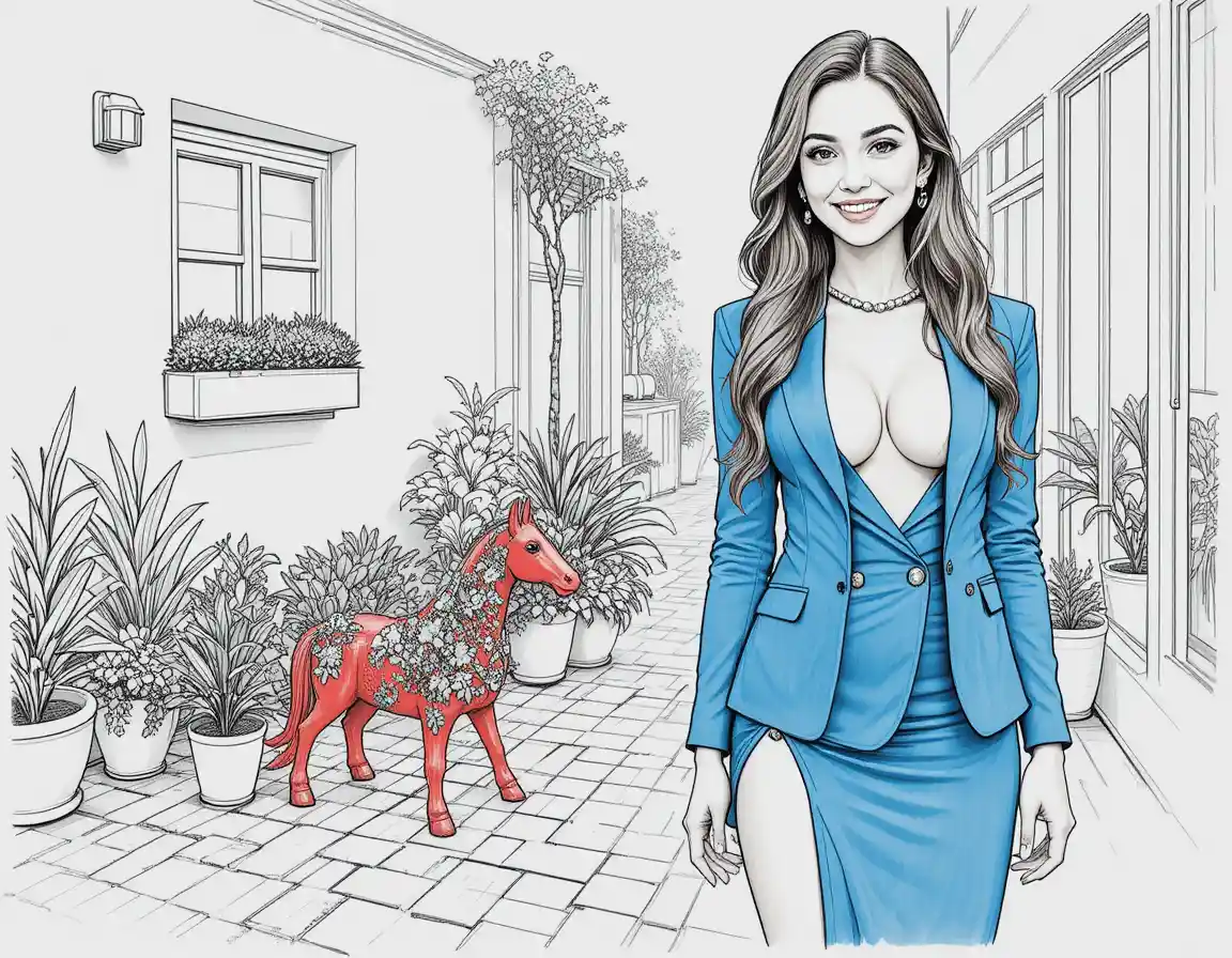 Colorful garden corner with flower covered red toy horse