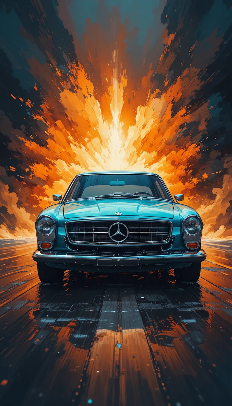 Mint blue classic car on wet road with fiery abstract backdrop