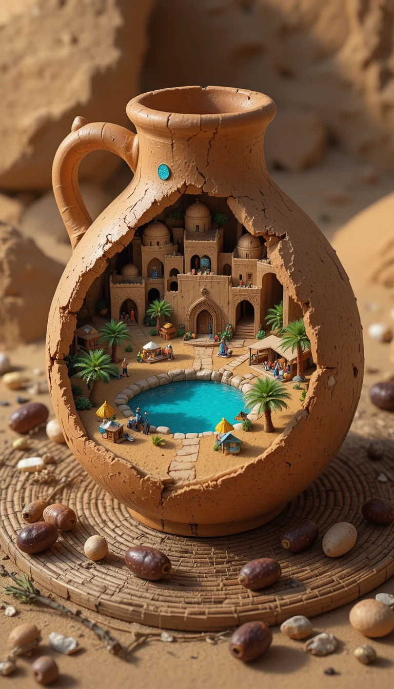 Città oasi nel deserto in miniatura dentro a una brocca di terracotta rotta