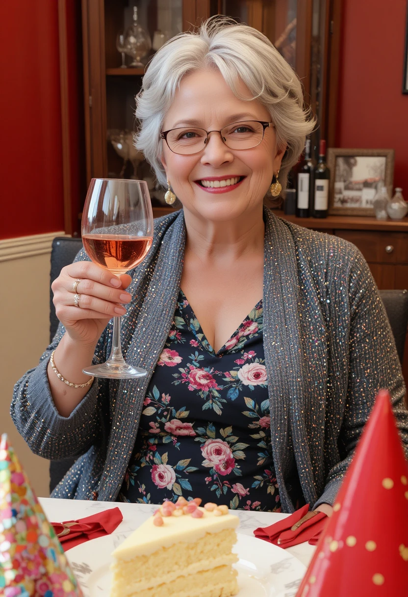 Lächelnde ältere Frau, die mit Rosé an einem Geburtstagstisch anstößt