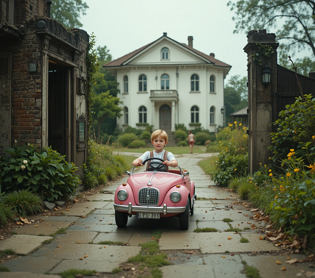 Cheerful little boy in pink toy car on concrete path