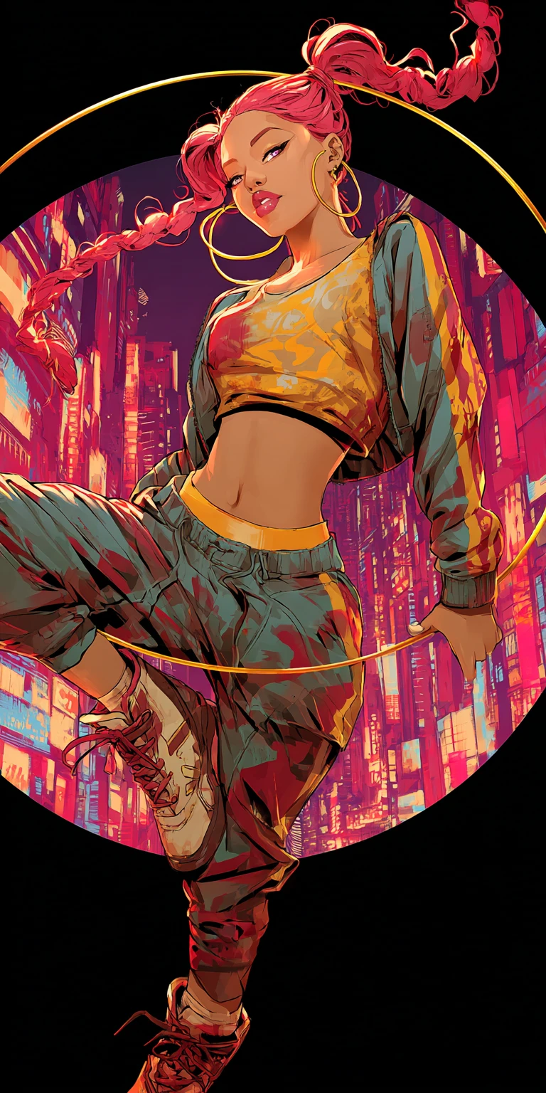 Femme hip-hop posant avec assurance sous les lumières vives de la ville
