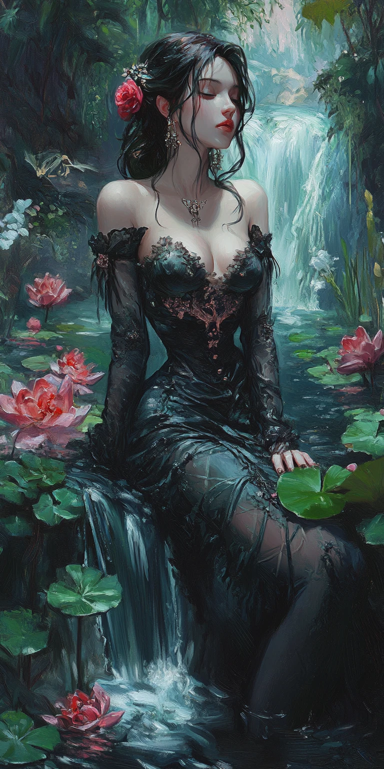 Young lady in a corset amid flowers by a waterfall