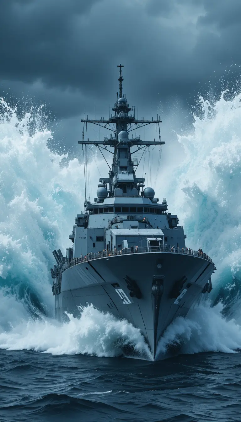 Futuristic gray warship crashing through a massive storm wave