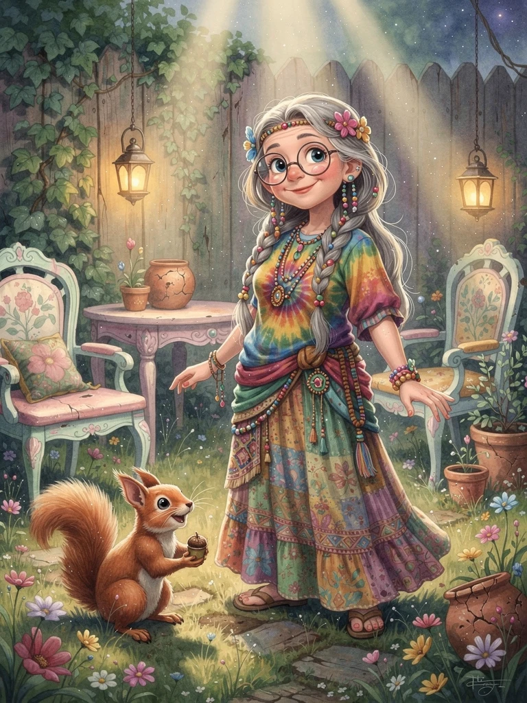 Femme hippie âgée dans un jardin shabby chic avec écureuil