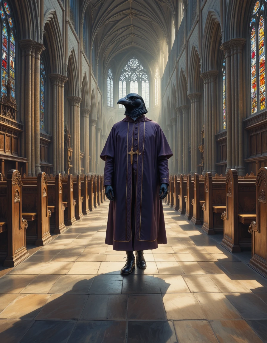 Raven Priest Walking Through Sunlit Gothic Church Nave