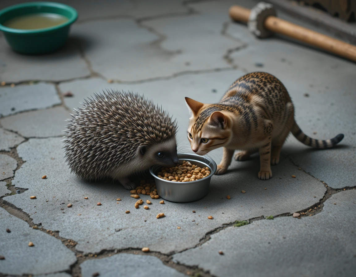 Cat and hedgehog sharing food on a rough cement floor
