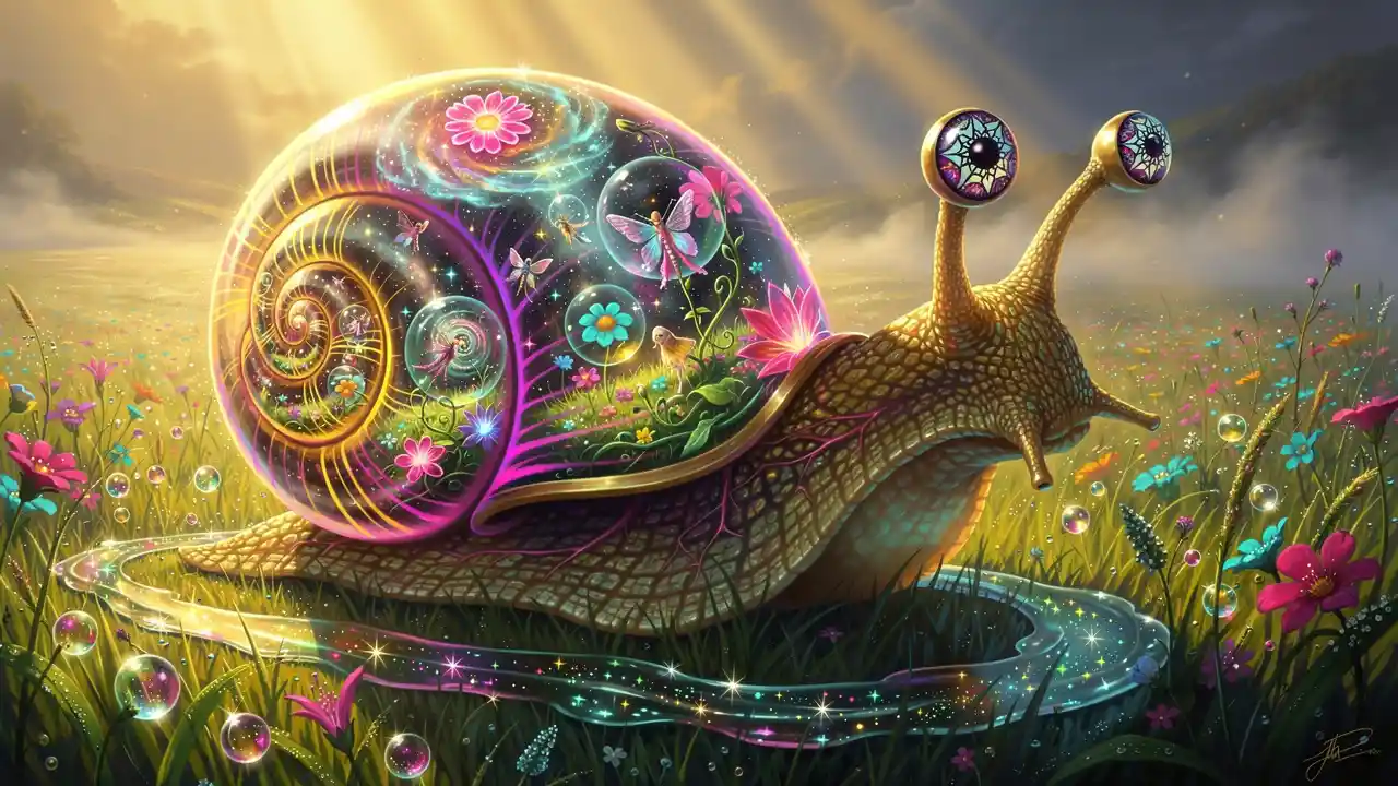 穿越發光奇幻草地的金色超現實蝸牛