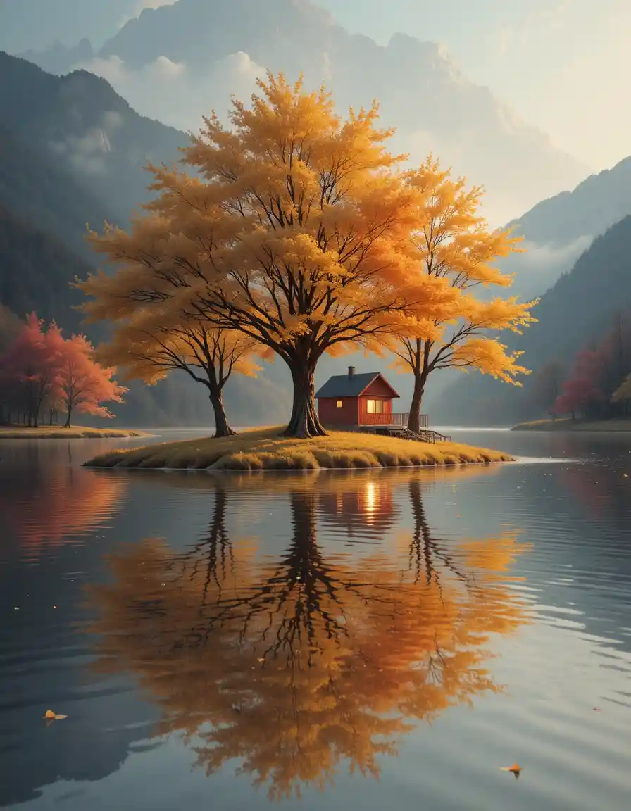 Goldene Hütte am See mit leuchtenden Bäumen und Spiegelungen