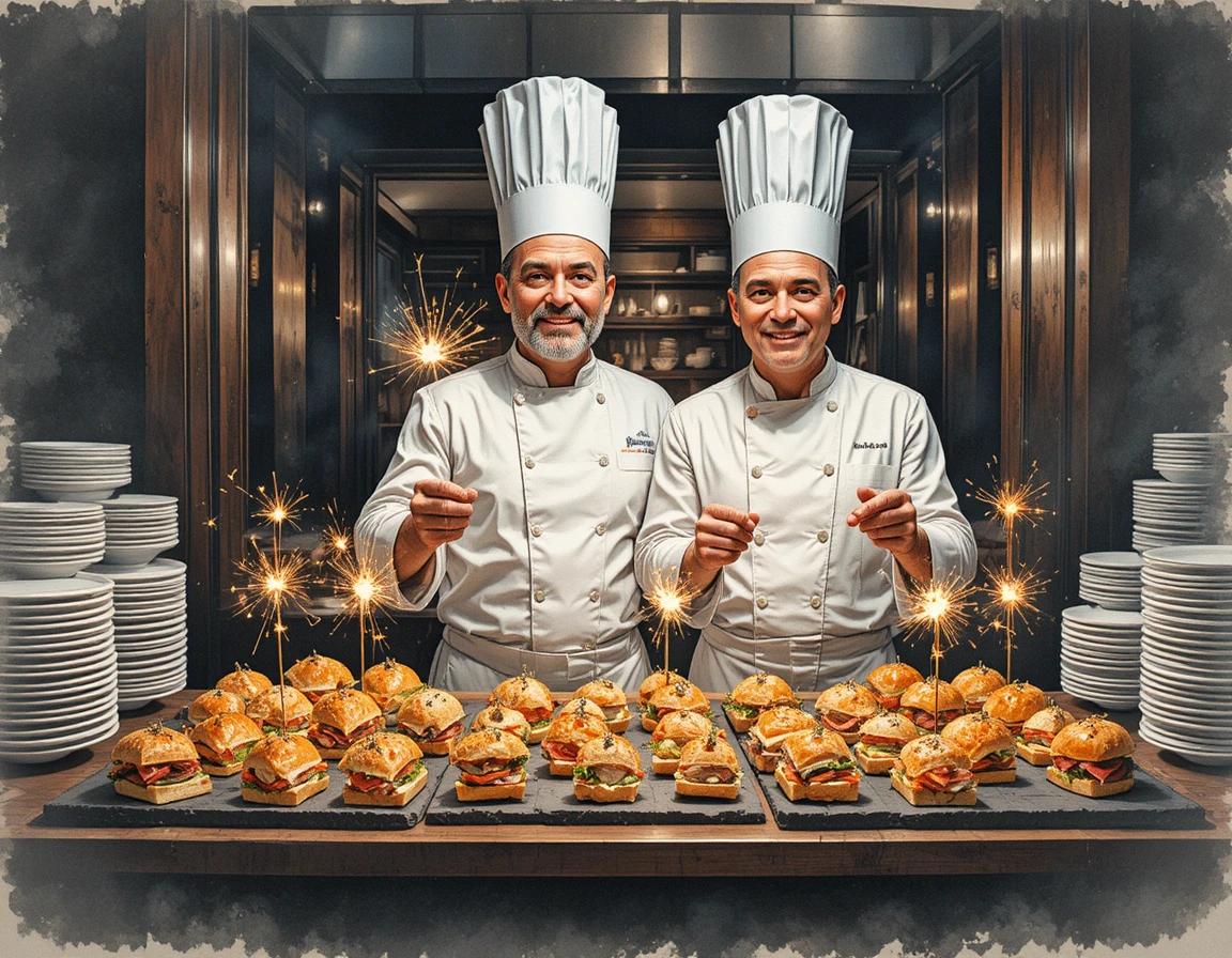 Chefs Present Sparkling Appetizers In A Modern Restaurant Kitchen