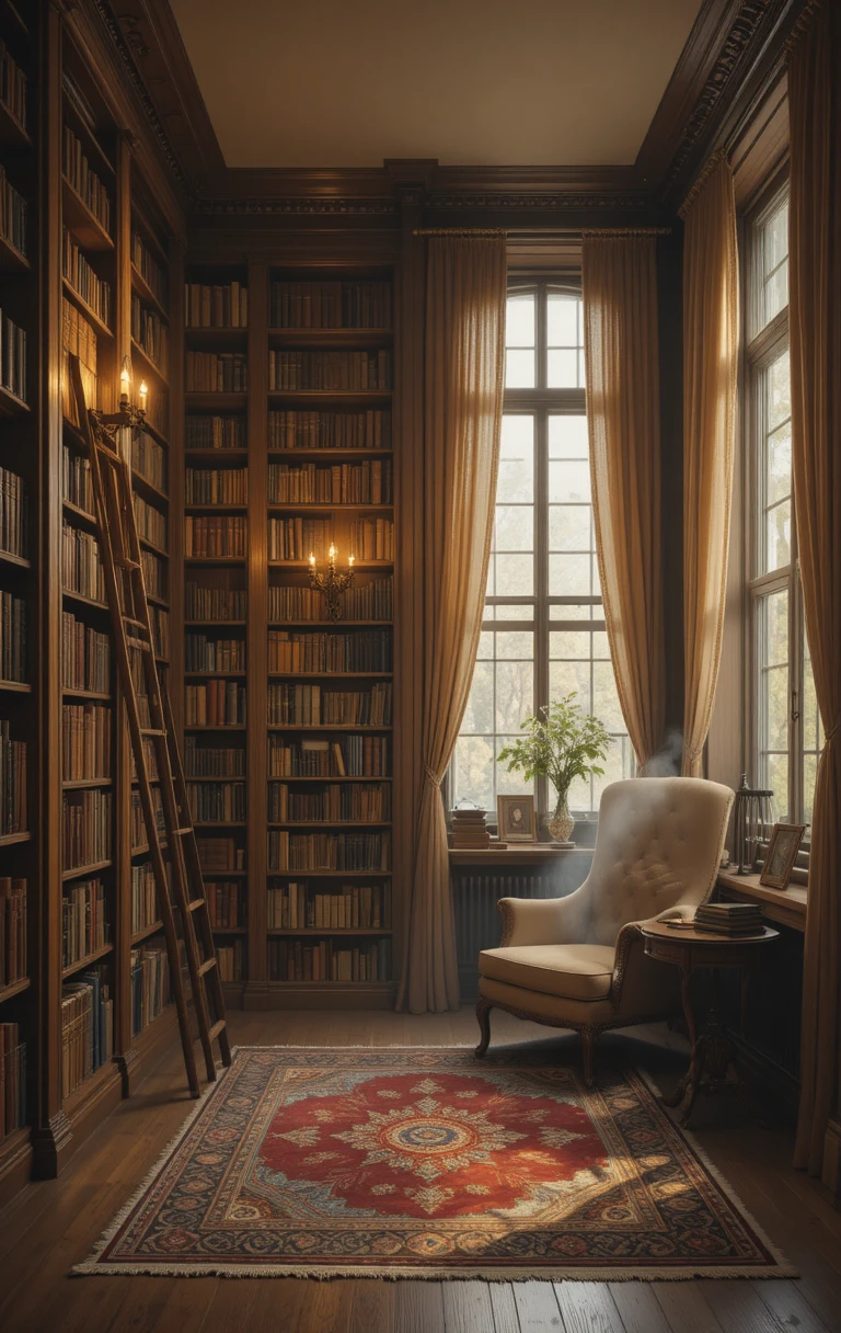 Cozy warm library room with reading chair and tea
