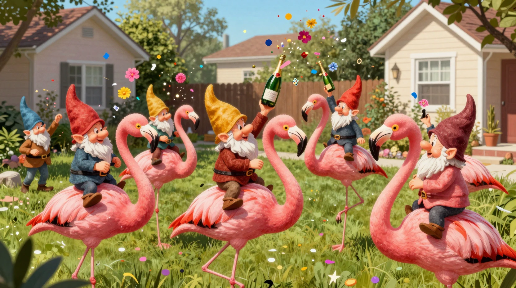 Garden gnomes and flamingos at a wild new years party