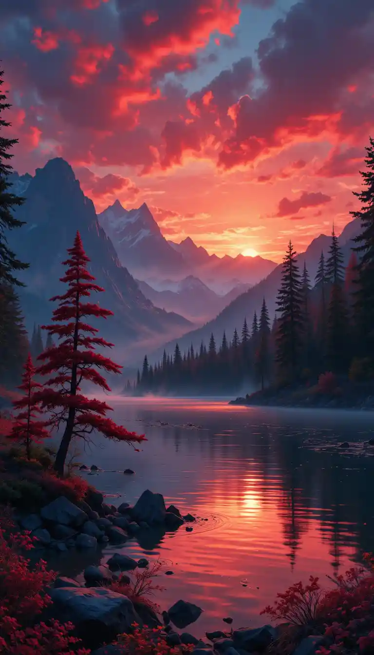Ciel de coucher de soleil vibrant se reflétant sur un paisible lac de montagne