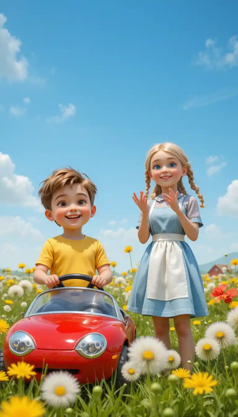 Smiling children playing in a sunny dandelion meadow