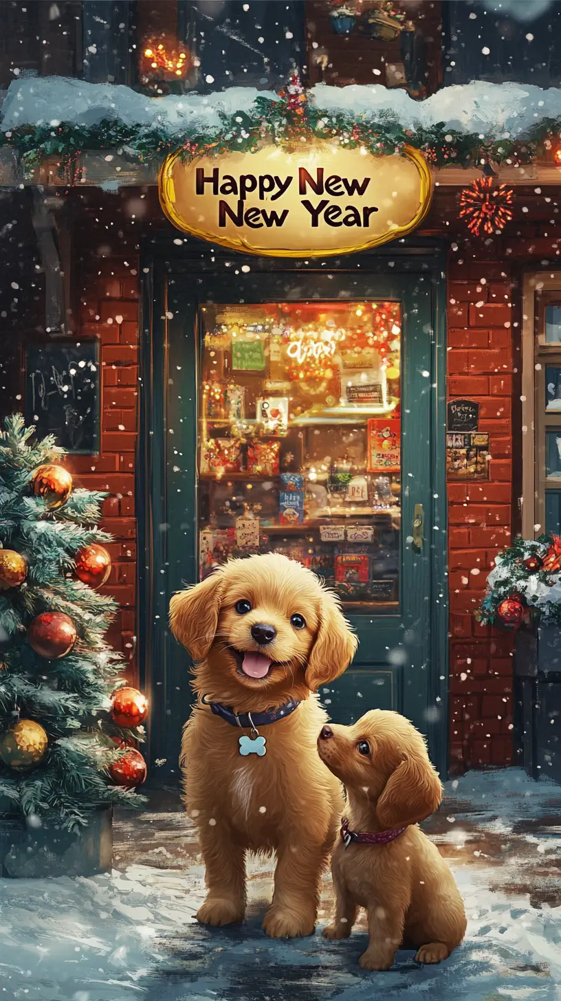 Happy little dog outside pet shop on New Years Eve