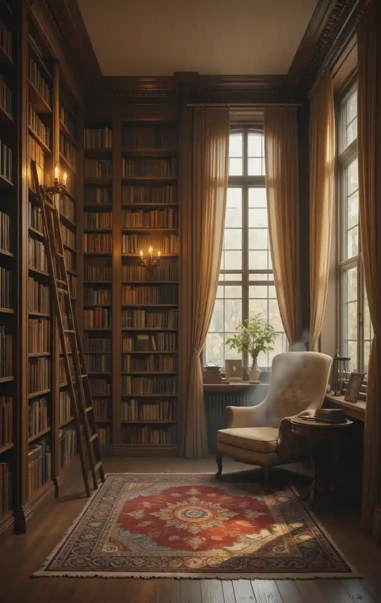 Cozy warm library room with reading chair and tea