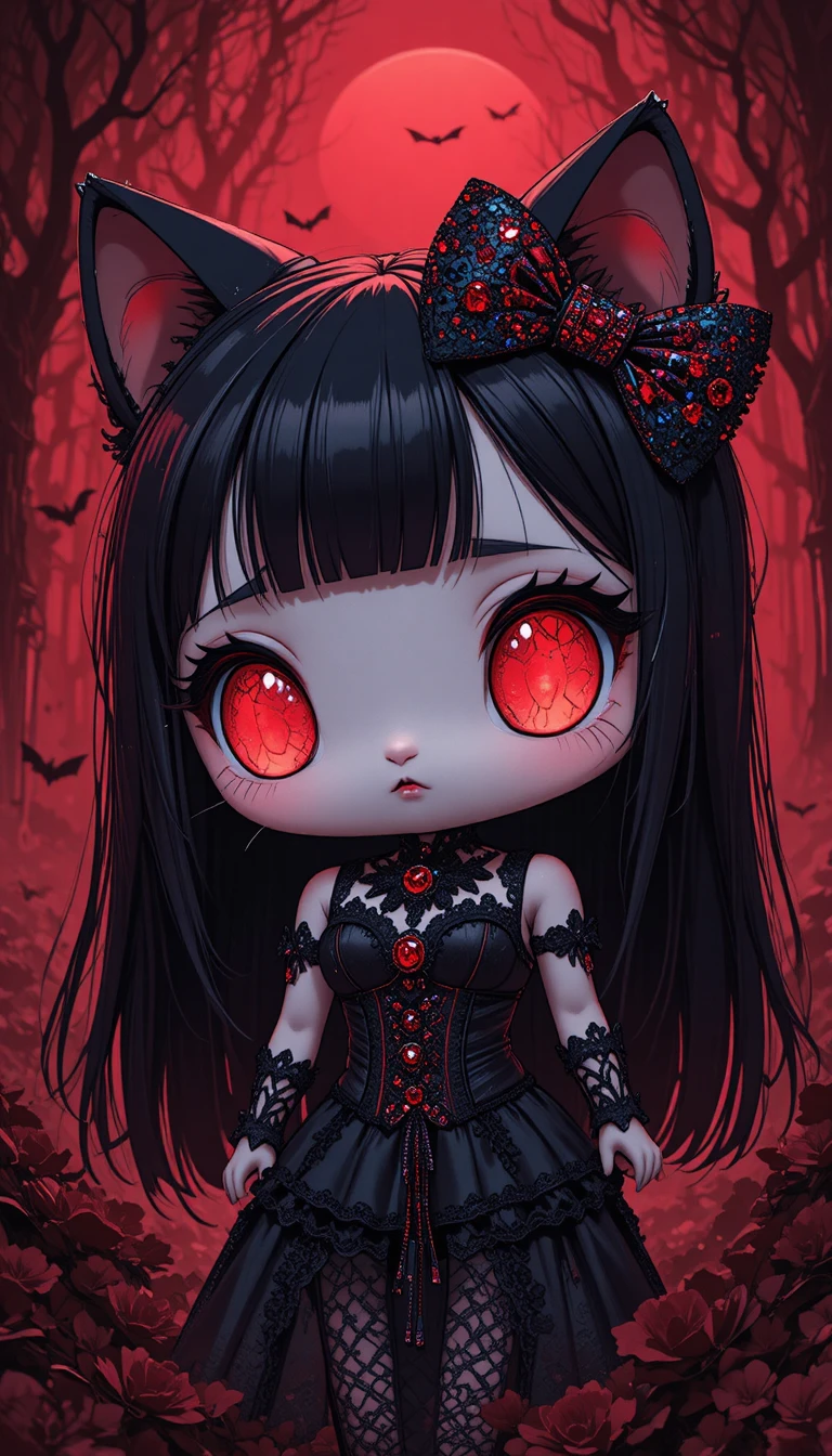 Gothic anime cat mascot with crystal bow and glowing eyes