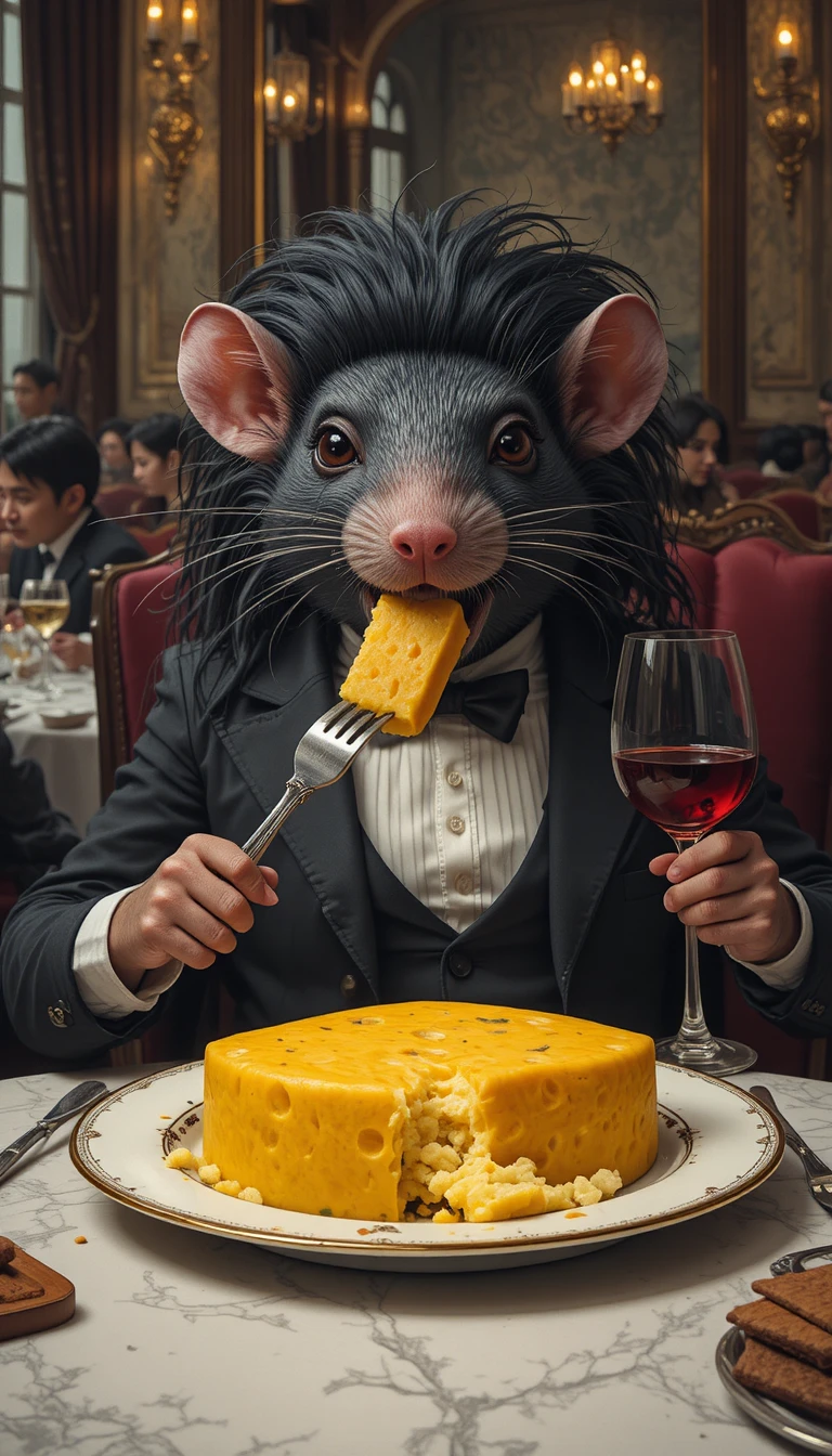 Topo dei cartoni che gusta formaggio e vino al ristorante