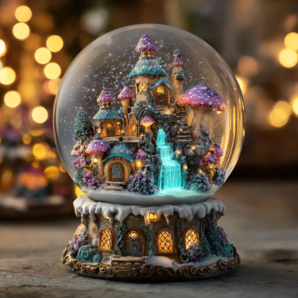 Magical fairy snow globe with glowing winter village