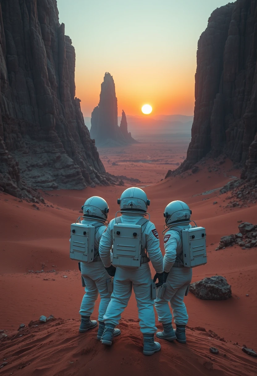 Astronauti che osservano un vasto deserto alieno al tramonto