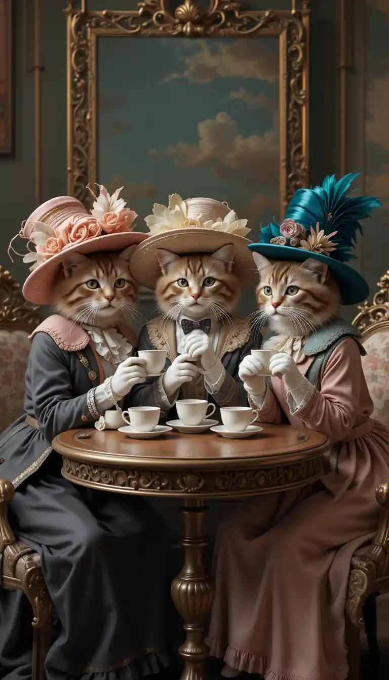 Three elegant cats drinking coffee at a rococo table