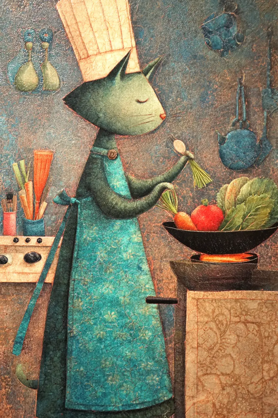 Anthropomorphic cat cooking vegetables in a cozy kitchen
