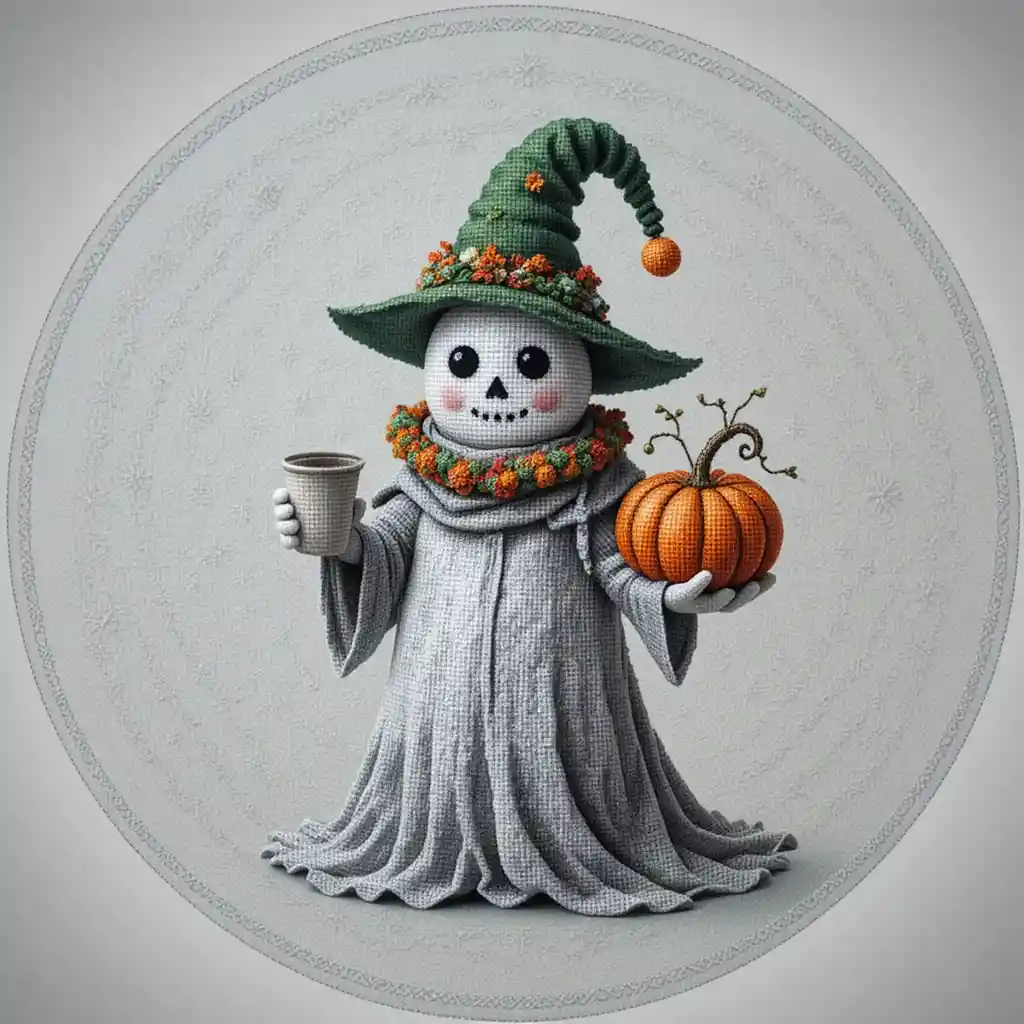 Cute gray ghost in cross stitch with pumpkin and drink