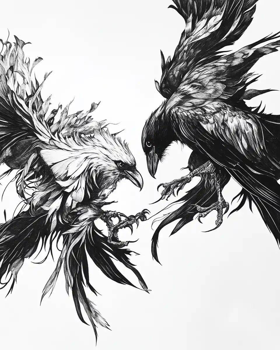 Intrincadas aves en tinta negra y blanca con plumas fluidas