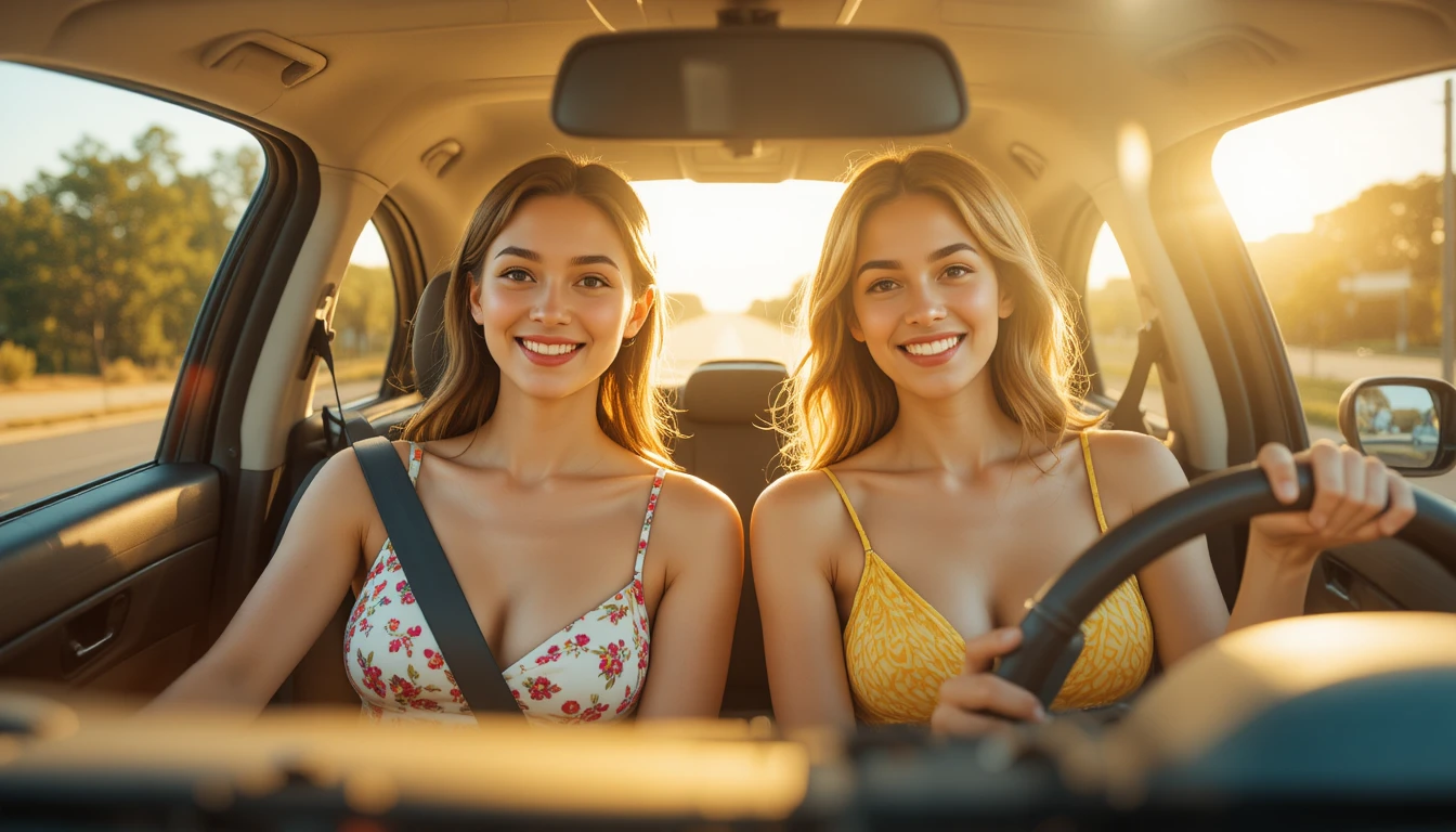 Two women in morning sunlight inside a compact car