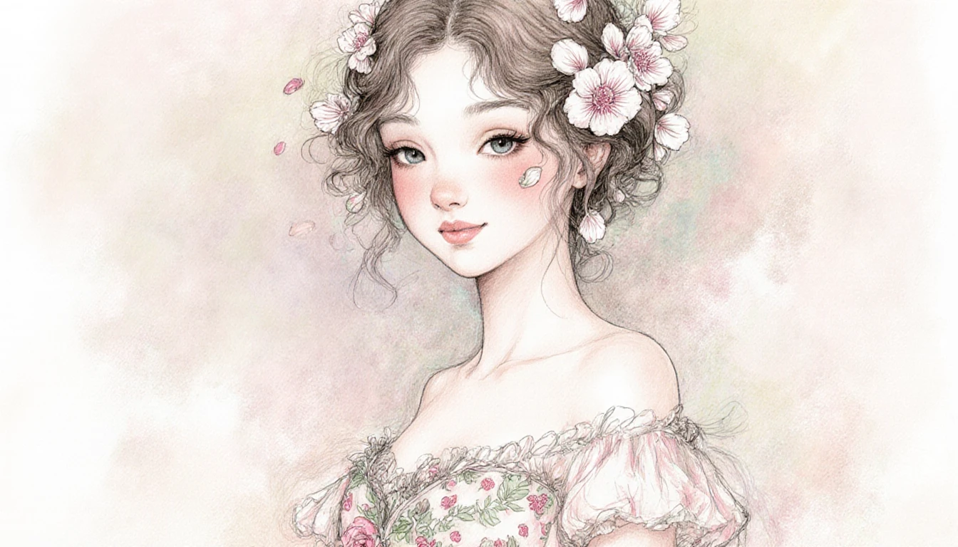 身穿花卉長裙、綴以夢幻花瓣細節的年輕女子
