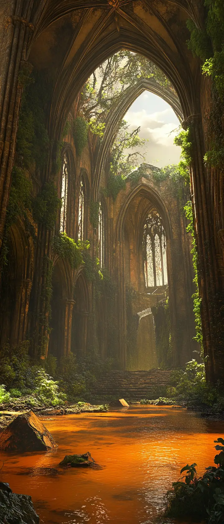 Ethereal Cathedral Overgrown With Lush Greenery And River