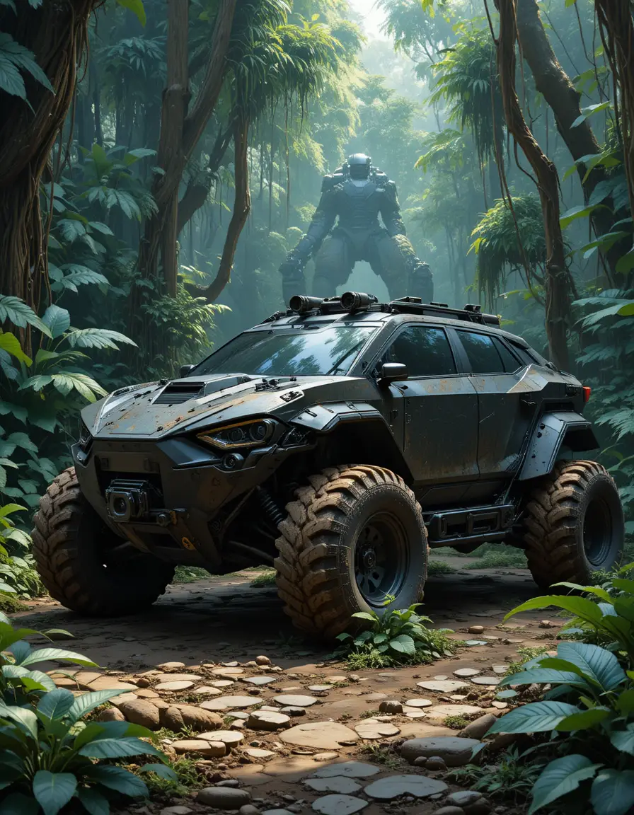 Armored futuristic hypercar hidden in dense jungle foliage