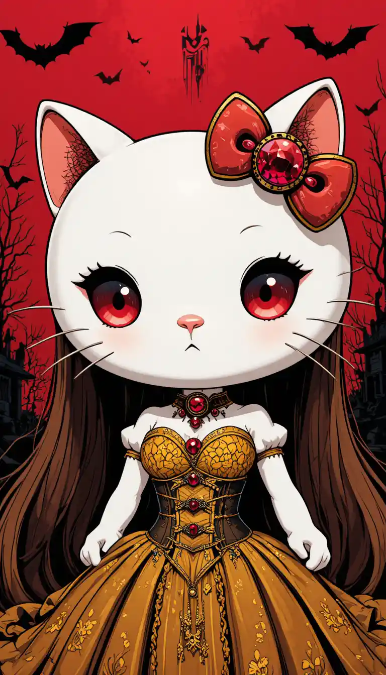 Mascota de gato gótico chibi con ojos de botón carmesí