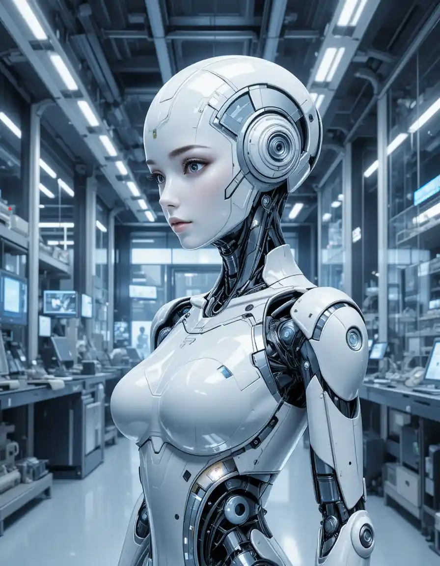 Futuristic female android in a high tech research laboratory