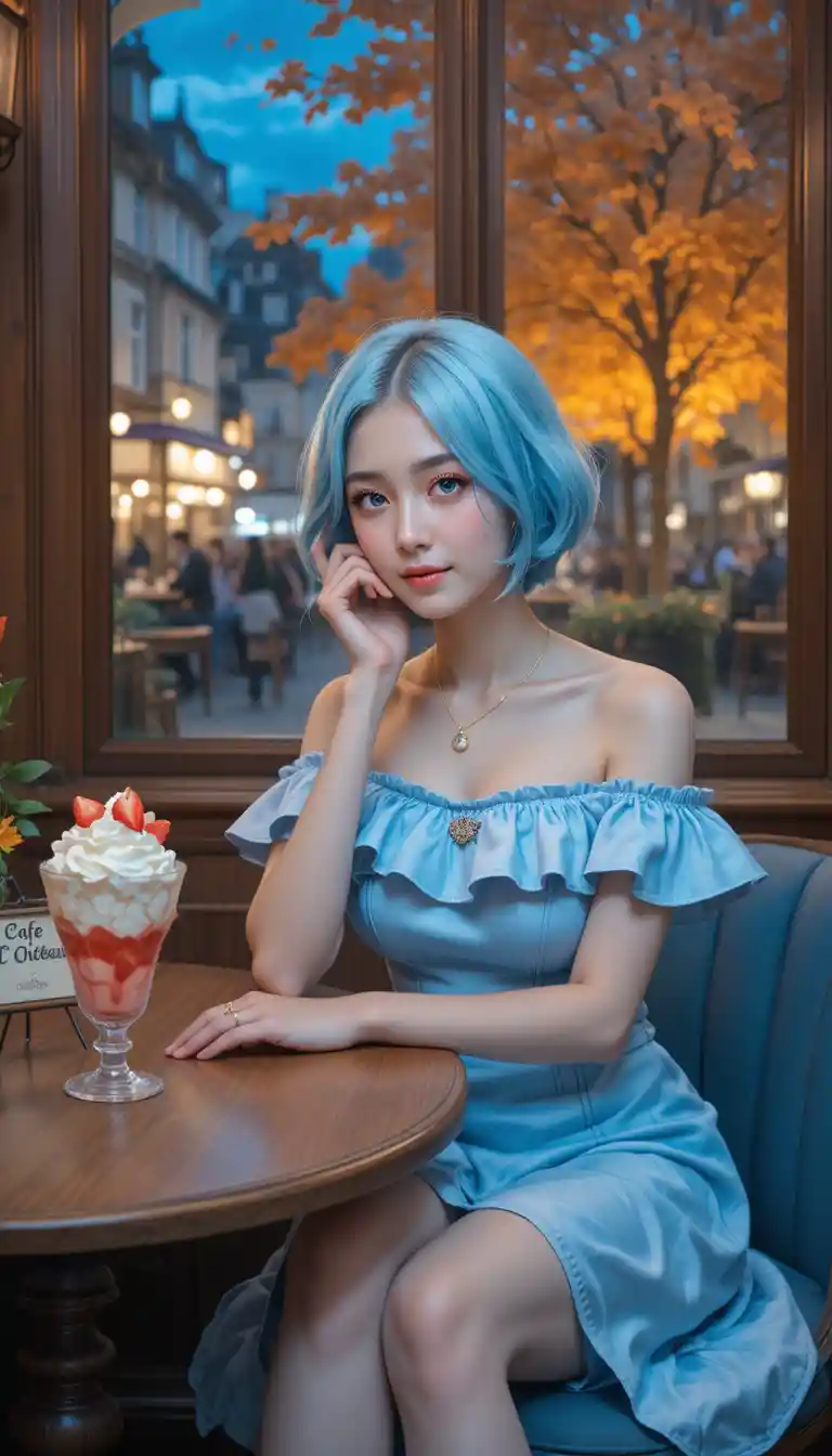 Blue haired girl relaxing in a cozy cafe at night