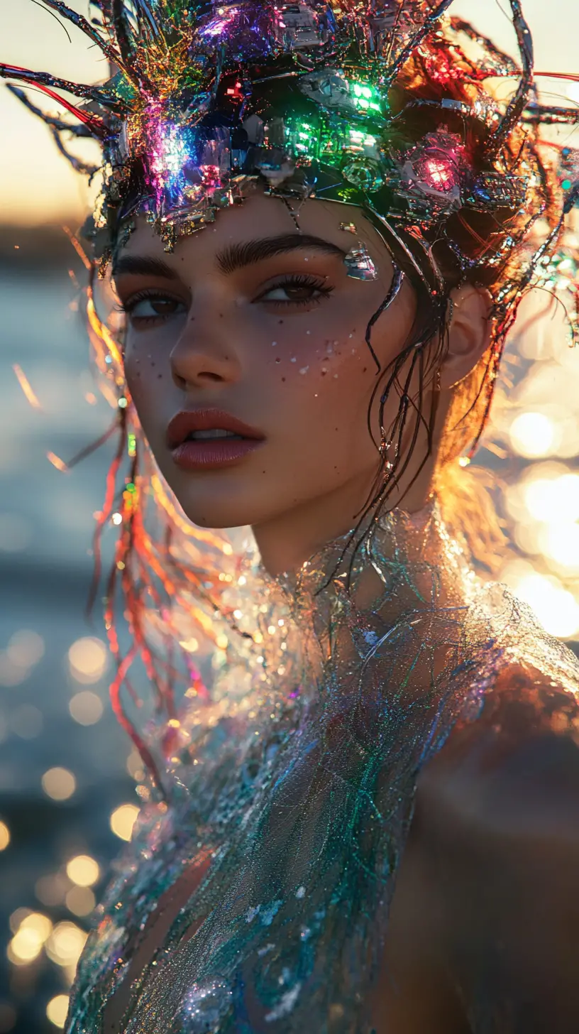 Futuristic woman in exoskeletal gown by a glowing tidal pool