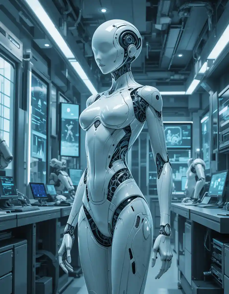 Futuristic female android in a high tech research lab