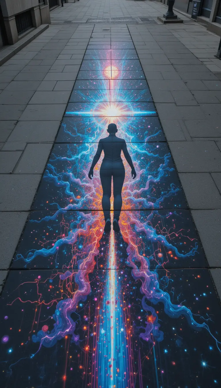 Surreal street art mural of a figure reaching toward a goal
