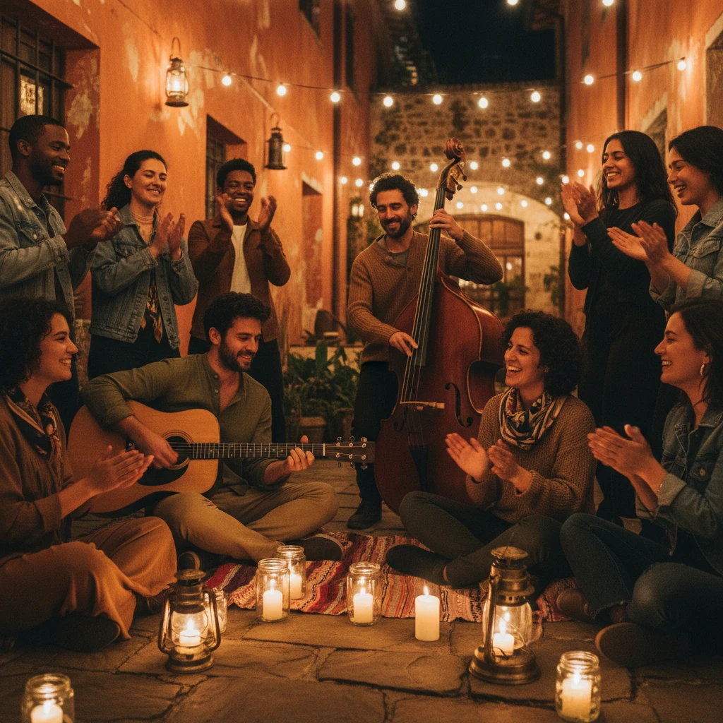 Friends enjoying live acoustic music in a candlelit courtyard