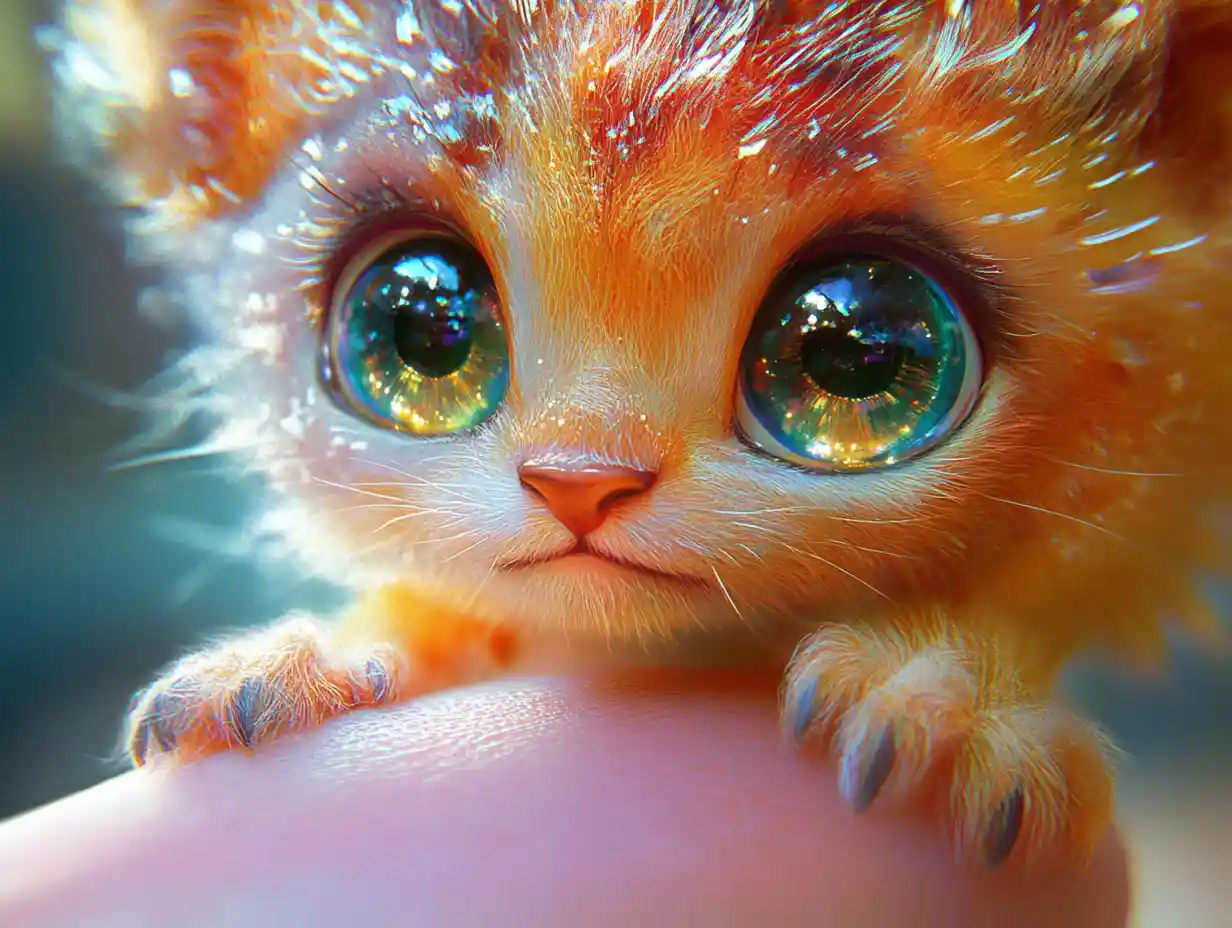 Pequeño león kawaii posado en la punta de un dedo con ojos radiantes
