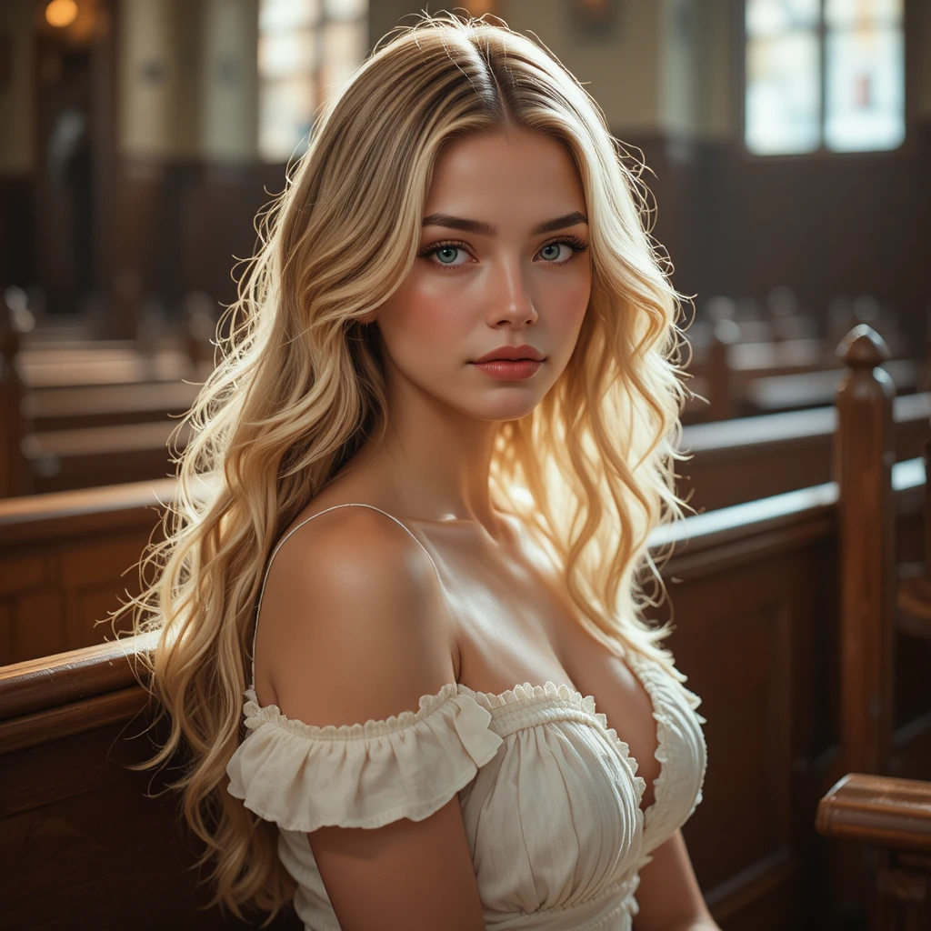 Blonde junge Frau im Sommerkleid sitzt in einer Kirchenbank