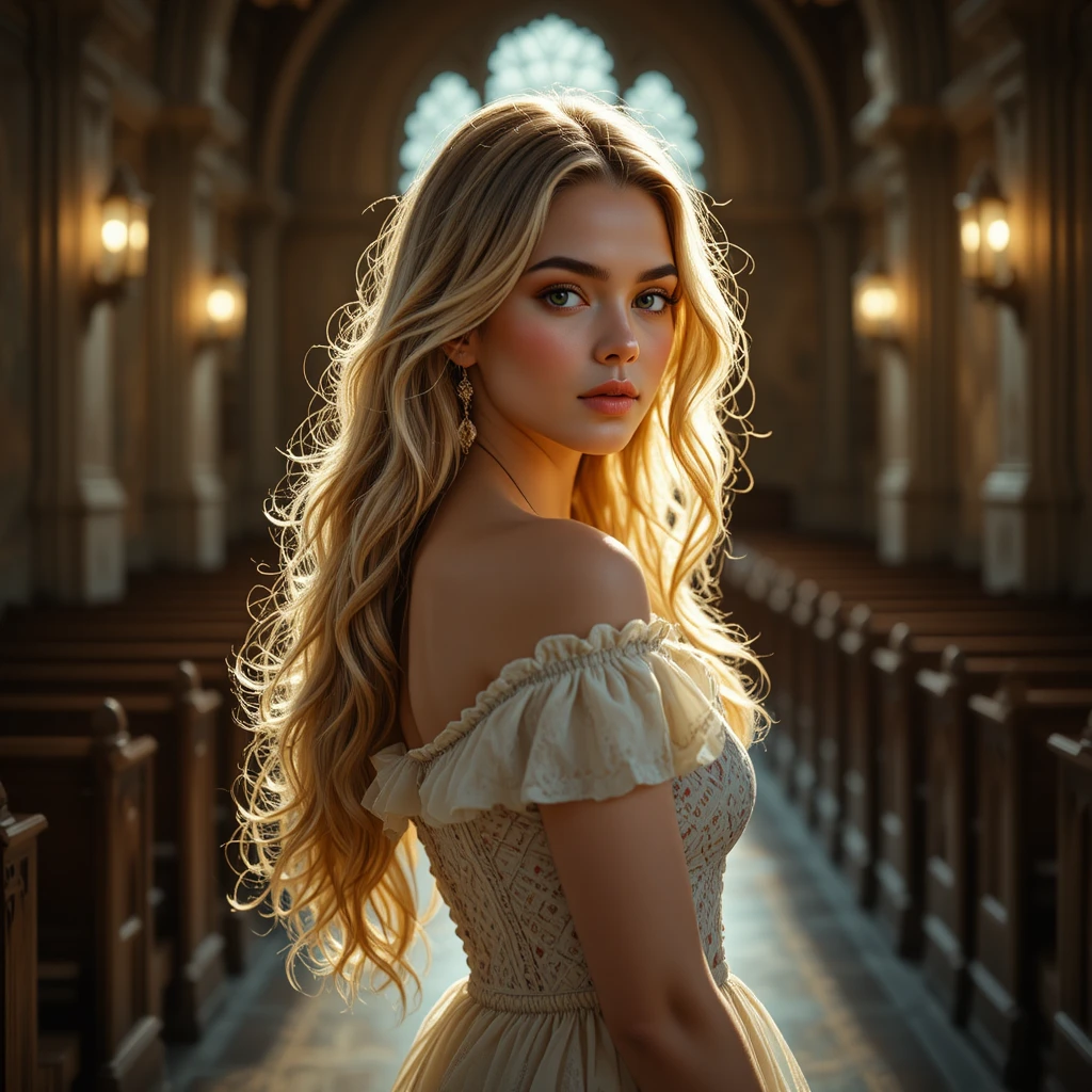 Young blonde woman in sundress standing inside a church