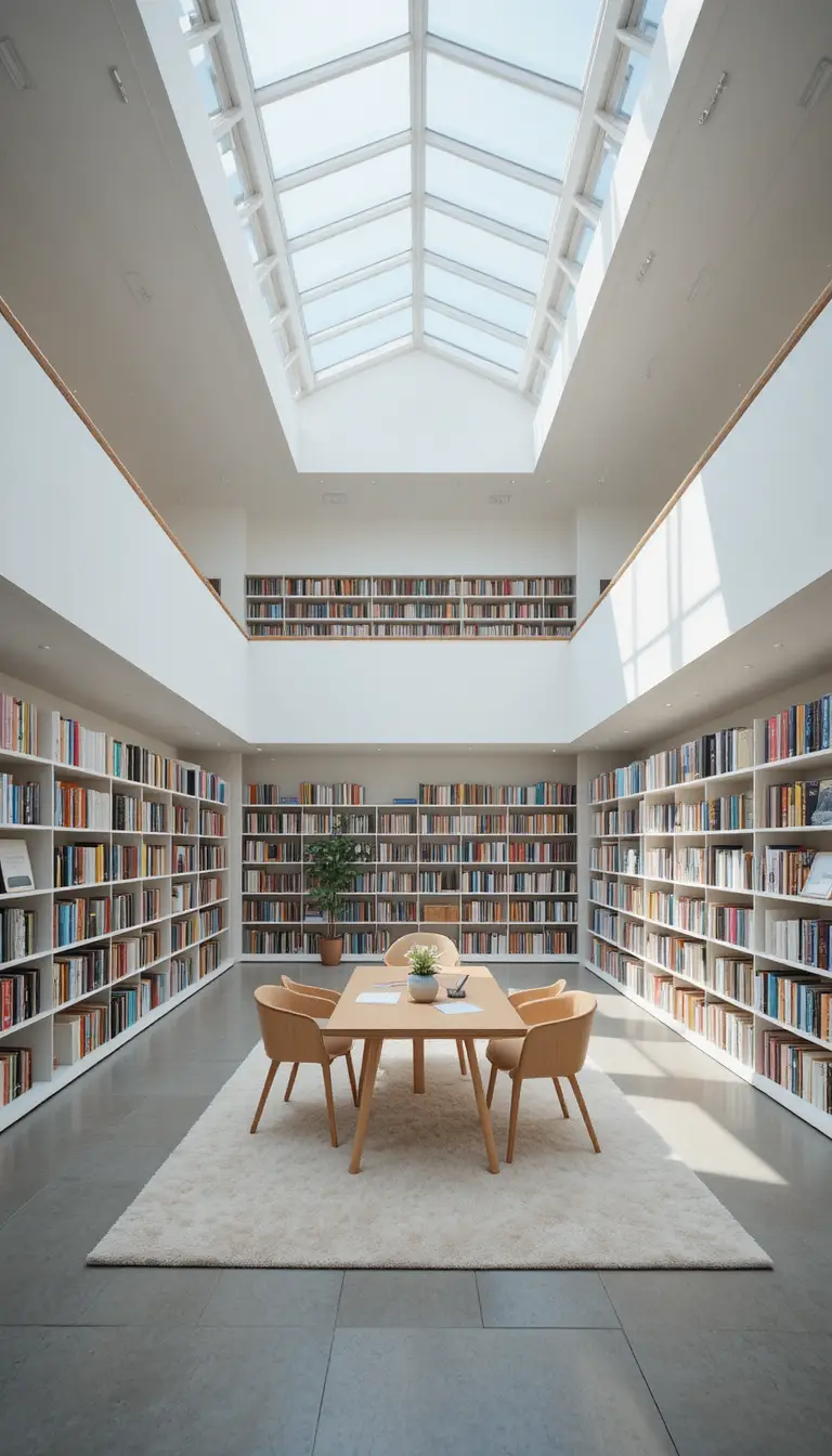 Minimalist library interior with skylights and reading area