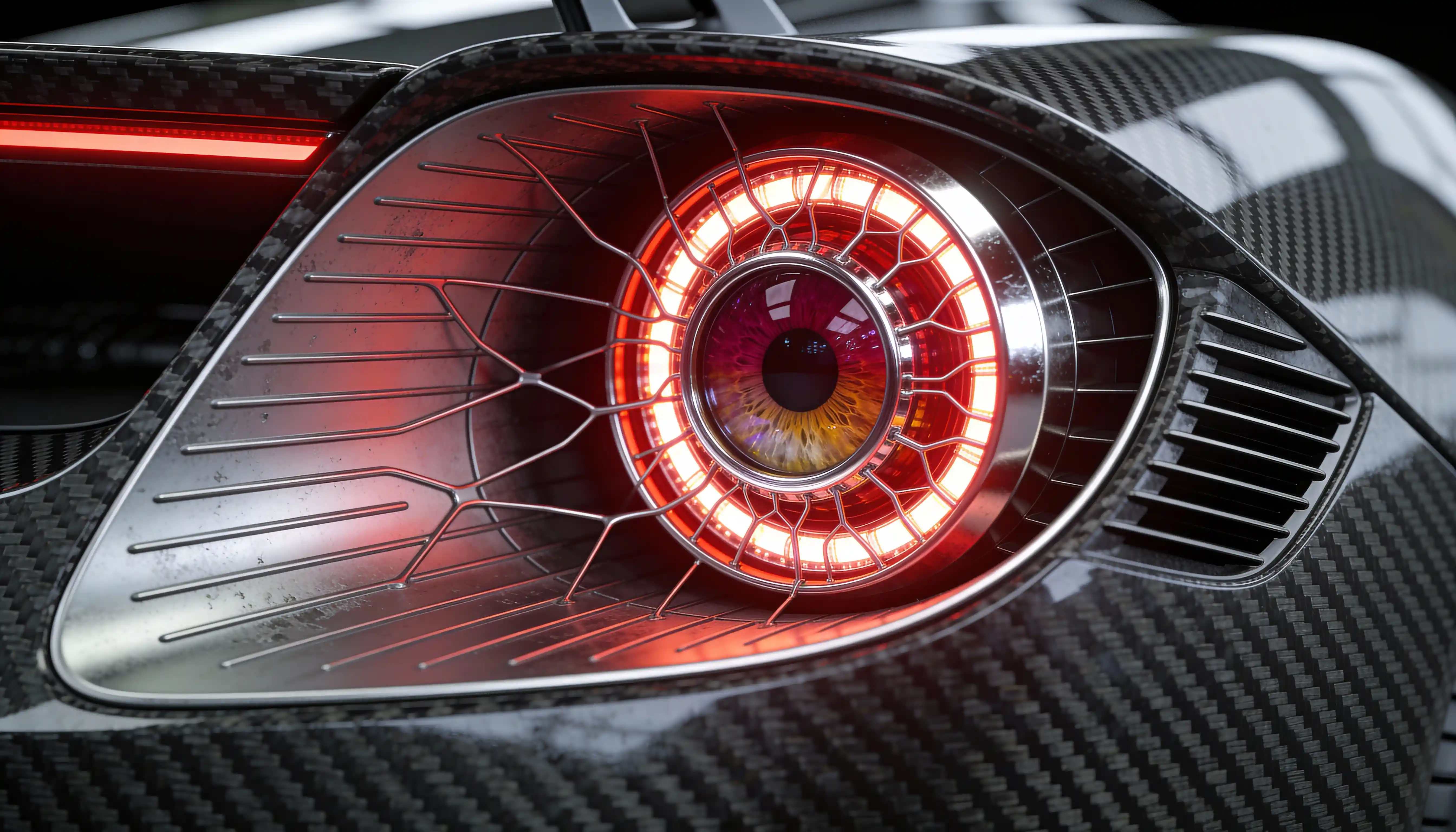 Close up of sports car tail light shaped like a human eye