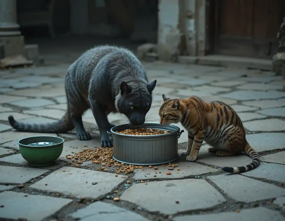 Igel und getigerte Katze teilen sich Futter auf rauem Zementboden